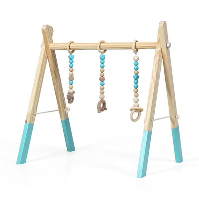 Foldable Wooden Baby Gym w/3 Wooden Teething Toys Hanging Bar Triangle Green