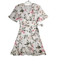 FLORAL RUFFLE TRIM V-Neck DRESS w/removable belt strap Zip back closure Sz Small