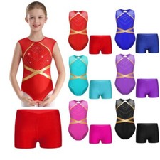 Kids Girls Gymnastics Bodysuit Ballet Dance Leotards with Athletic Shorts Set