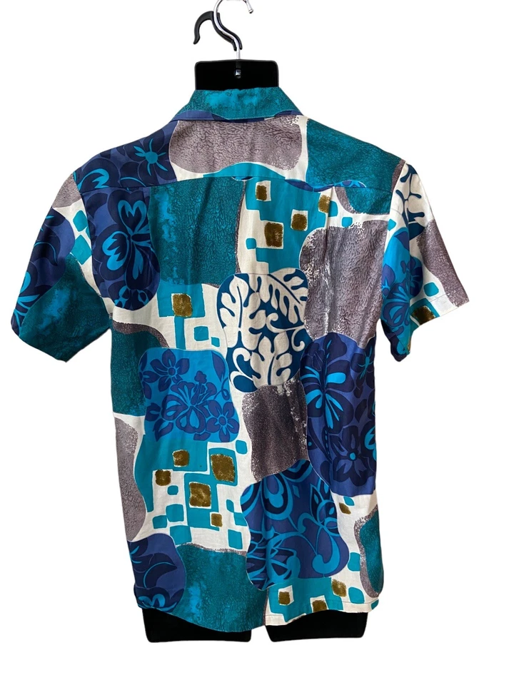Camisa Aloha Hawaiana Barefoot In Paradise Vintage Abstracta Azul y Blanco Talla M Foto 2 de 4