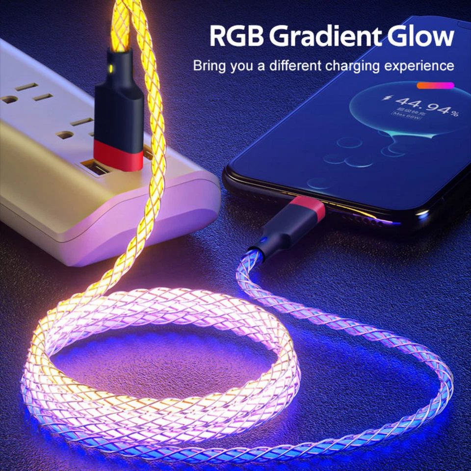 2 Pack  LED Light Up  USB Type-C USB Cable RGB Fast Charging 6A. 1M Rainbow - Image 3 of 4