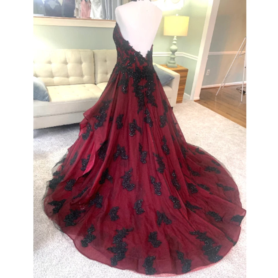 Gothic Red Black Wedding Dress Halter Neck Sleeveless Lace Applique Bridal Gowns - Image 2 of 4