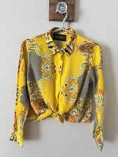 Spoon Jeans Womens Size S Yellow Paisley Blouse Gauzy Tie Front Boho Long Sleeve