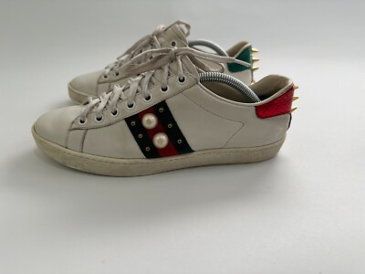 スニーカー GUCCI ACE LEATHER SNEAKERS Gucci White Leather Web Detail Ace Low Top Sneakers Size 37