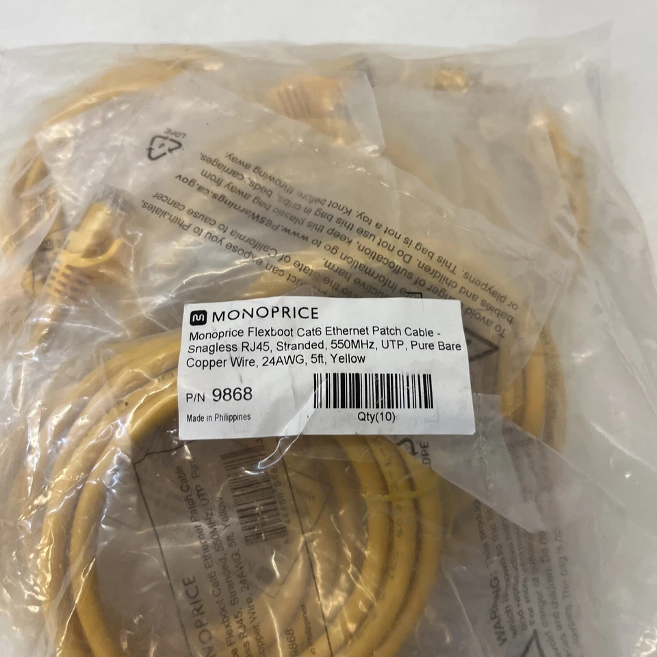 MONOPRICE 9868 Patch Cord,Cat 6,Flexboot,Yellow,5.0 ft. Lot Of 10 - Image 2 of 2
