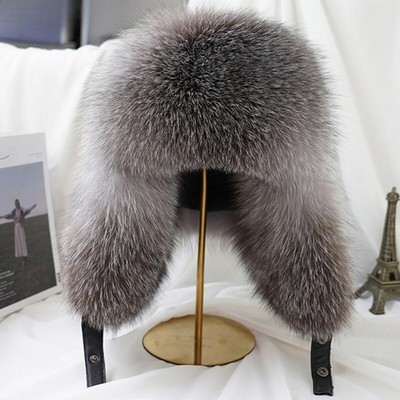 Real Platinum Silver Fox Fur Bomber hat Ladies Silver Fox Fur & Black Leather Russian Military Hat  main image 4