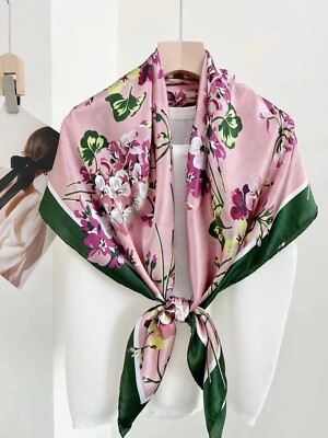 Womens Flower Scarf 100% Mulberry Silk Satin Head Neck Square Scarf Shawl Wraps