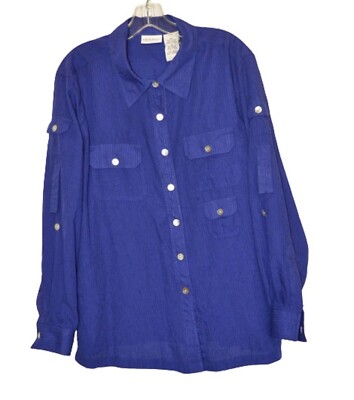 Women Blue Button Front Shirt Sz 16W Rol Tab Lng Slv Dark Sheer Stripes 5 Pocket