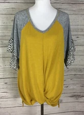 Gigio USA Women's Mustard Bell Sleeve Tie Front V-Neck Hi Low Stretch Top M NWT