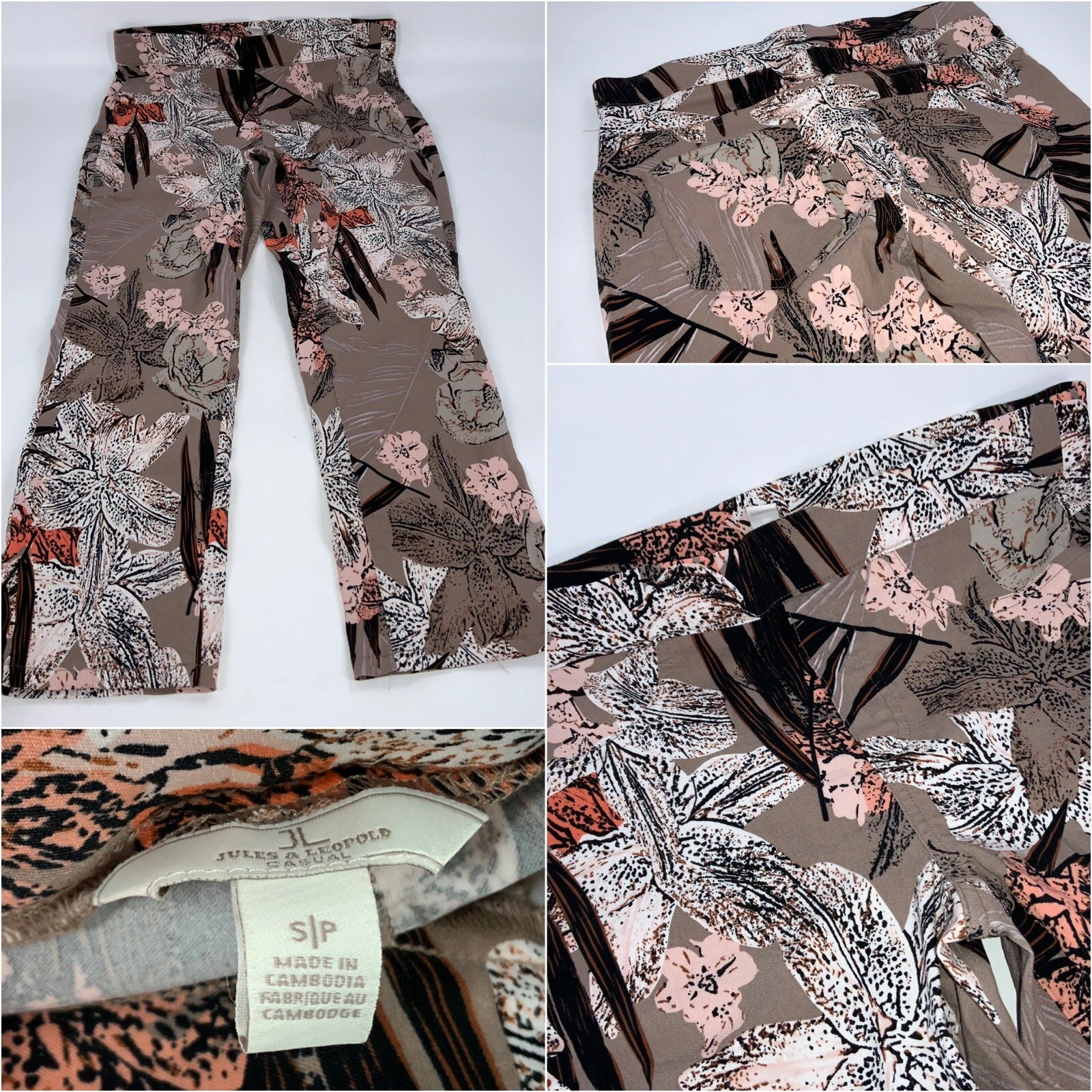 Jules & Leopold Capri Pants S Petite Tan Floral Rayon Nylon Spandex YGI J2-435