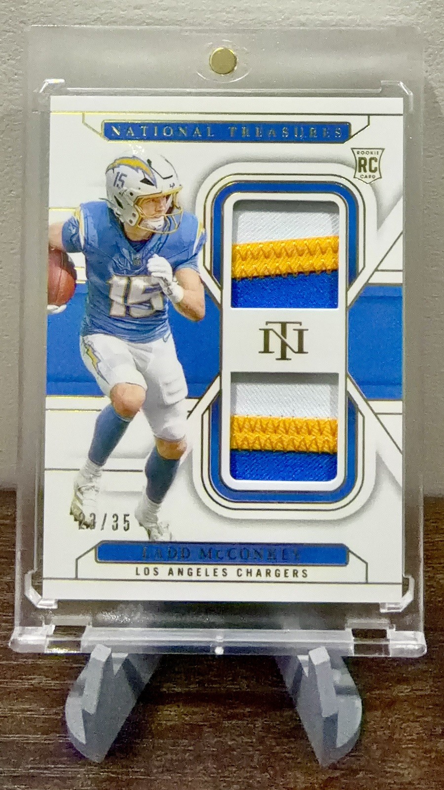 Ladd McConkey 2024 National Treasures Gold /35 Rookie Dual Jersey Patch RC