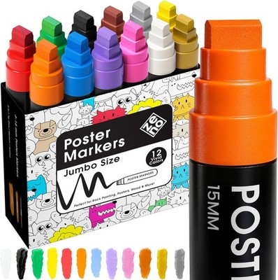 Jumbo Acrylic Paint Markers   12 Vibrant Colors, 3-in-1 15mm Chisel Tip, Wate...