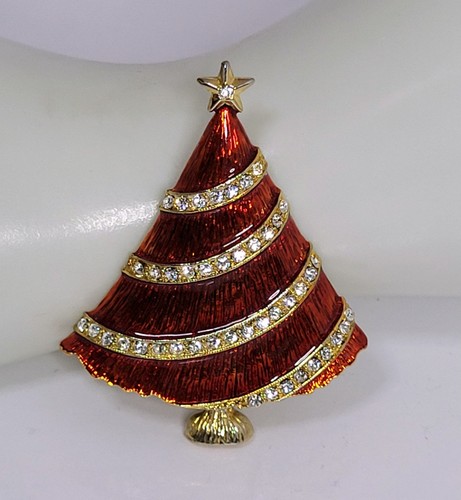 Eisenberg Ice Christmas Tree Brooch red enamel & rhinestone