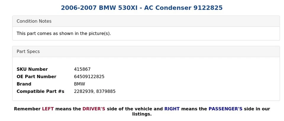 BMW 530XI 2006-2007 - Condensador de CA 9122825 Foto 4 de 4