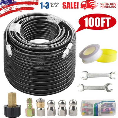#ad Sewer Jetter Nozzles Kit 100FT Drain Cleaning Hose for Pressure Washer 5800PSI $38.55