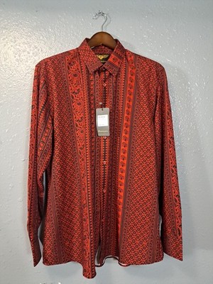 Premiere Mens XL Red Floral Bagh Block Print Botton-Up Long Sleeve Preppy Shirt