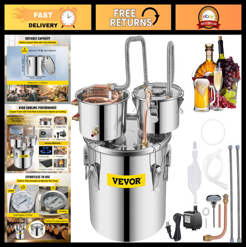 3 Gallon Stainless Steel Alcohol Distiller with Copper Tube & Thermometer, DIY W