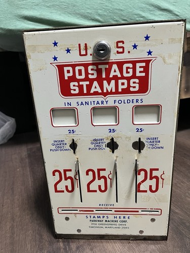 Vintage Metal US Mail Postage Stamps Vending Machine Dispenser 25 Cent 3 Slots