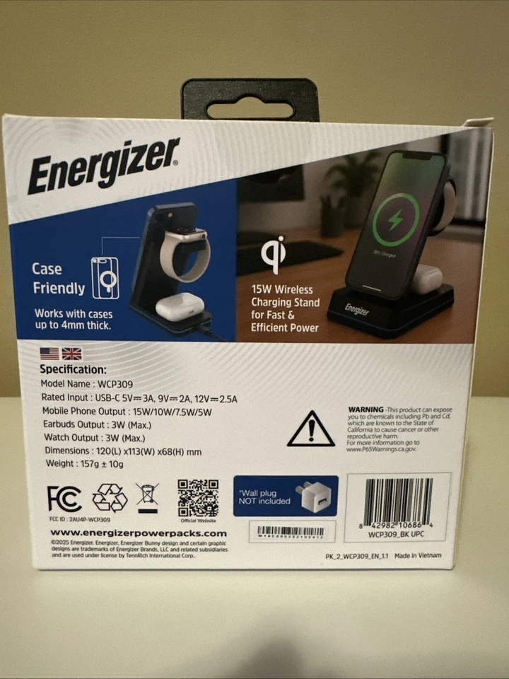 Energizer 3-in-1 15W Qi Wireless Fast Charger Stand with RGB for iPhone AirPods - Image 4 of 4