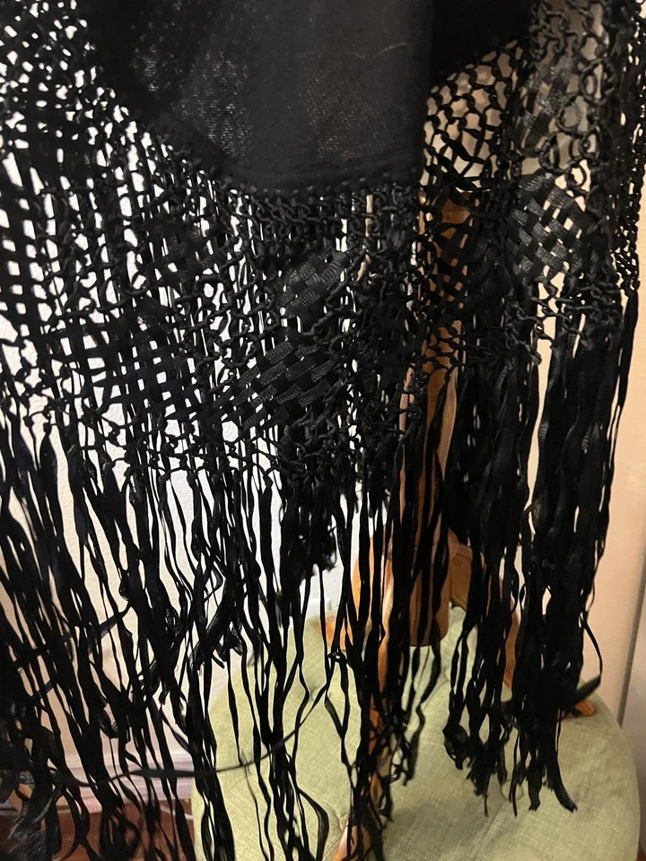 Cache Mujeres Largo Negro Flecos Seda Cachemir Abrigo Chal Gótico Bruja Boho Caprichoso Foto 3 de 4
