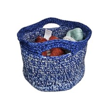 Handmade Crochet Large Storage Basket Tote With Handles Blue  White Tweed