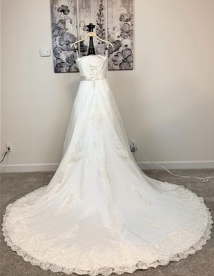 Aolisha Strapless Lace A-Line Wedding Dress with Train & Veil Corset Back Ivory