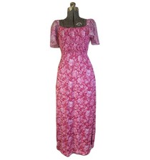 Vintage 70s Pink Maxi Dress Floral Ruched Ruffle Cottage Size Small