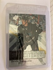 San Jose sharks Devin Setoguchi 09’ UD excitement 999 made hockey rookie card. rookie card picture