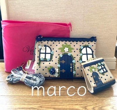 Vendula London Pochette & Wallet Set Cream Navy Green Floral Applique Women