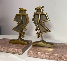 Vintage heavy pair modernist mid century modern bronze marble figural bookends
