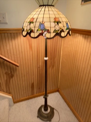Vintage Large Stained Glass Tiffany Style Floor Lamp Marble 3 Bulb Floral Roses