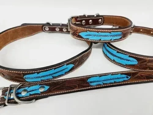 Leather Dog Collar With Handmade Aqua Feather Tooled Pattern Pet Collar.
Opens in a new window or ta