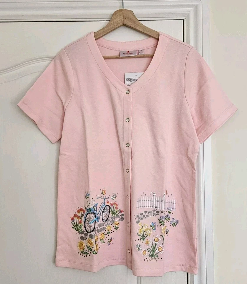 Quacker Factory Springtime Scenes V-Neck Short Sleeve Cardigan, Shell Pink, Sz M - Image 2 of 4