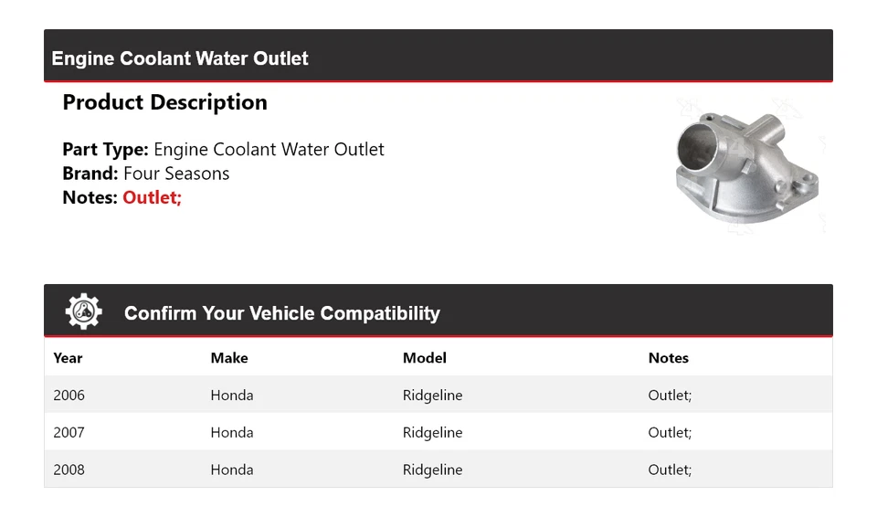 Para 2006-2008 Honda Ridgeline motor líquido de arrefecimento saída de água 4 estações 2007 - Imagem 2 de 4