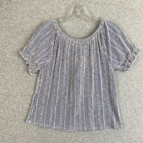 W5 Top Womens M Blue Striped Short Sleeve Textured Knit Puff Sleeve Stretch NWT - Picture 3 of 13