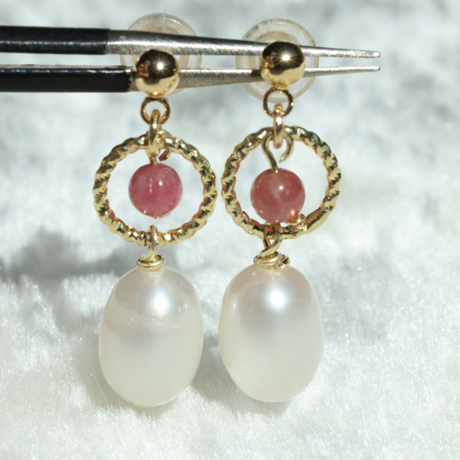 Boucles d'oreilles argent, tourmaline rose et perle pour vos soirées