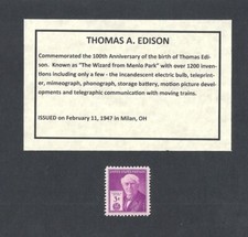 #945 - 1947 THOMAS A. EDISON - US Mint - info card and stamp mount