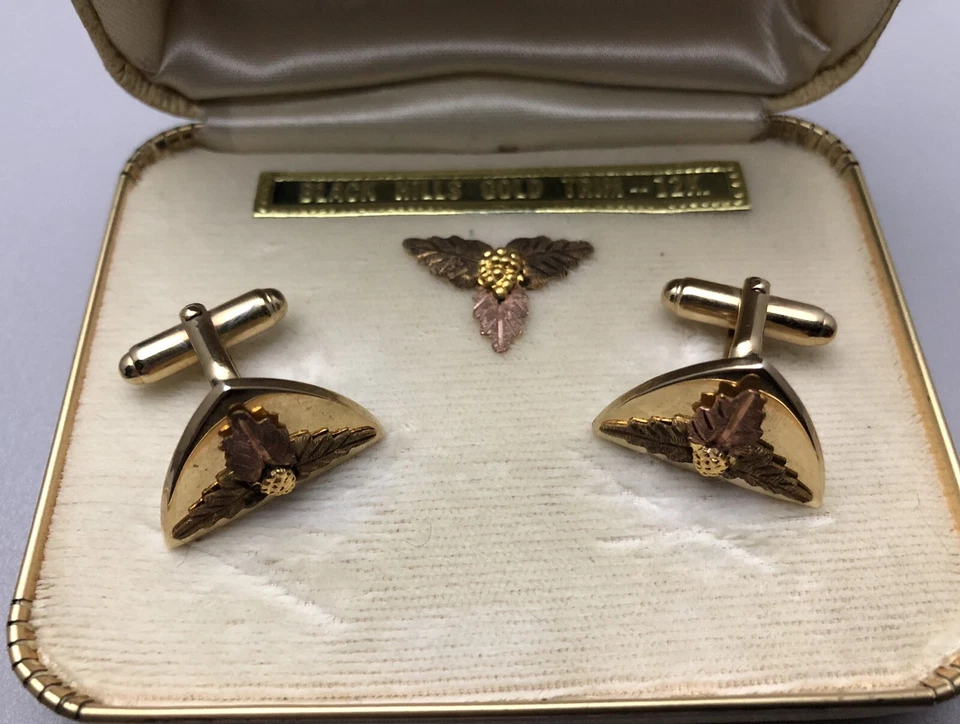 Vintage 12K Yellow & Rose Gold Black Hills Gold Cufflinks & Tie Tac Set W/ Box - Image 2 of 4