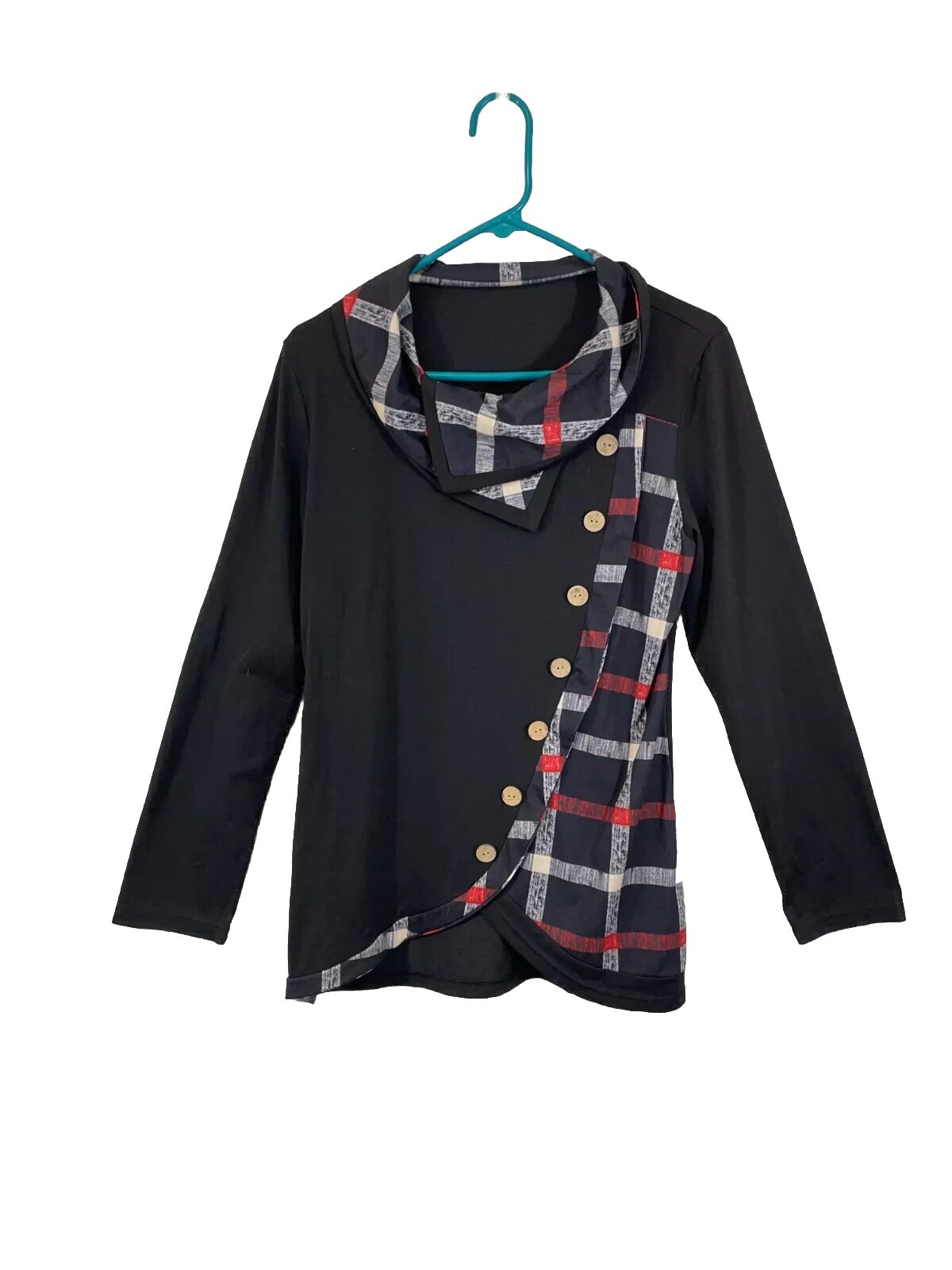 Womens Black Plaid Regular Fit Long Sleeve Button Front Blouse Top Size Large