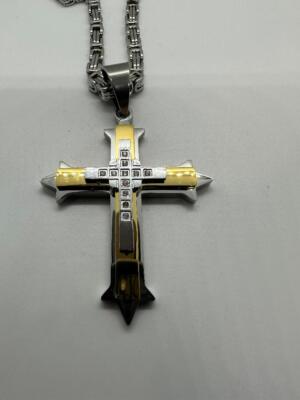 Two-Tone Religious Triple Layer Cross with Stones 4 Lengths 100