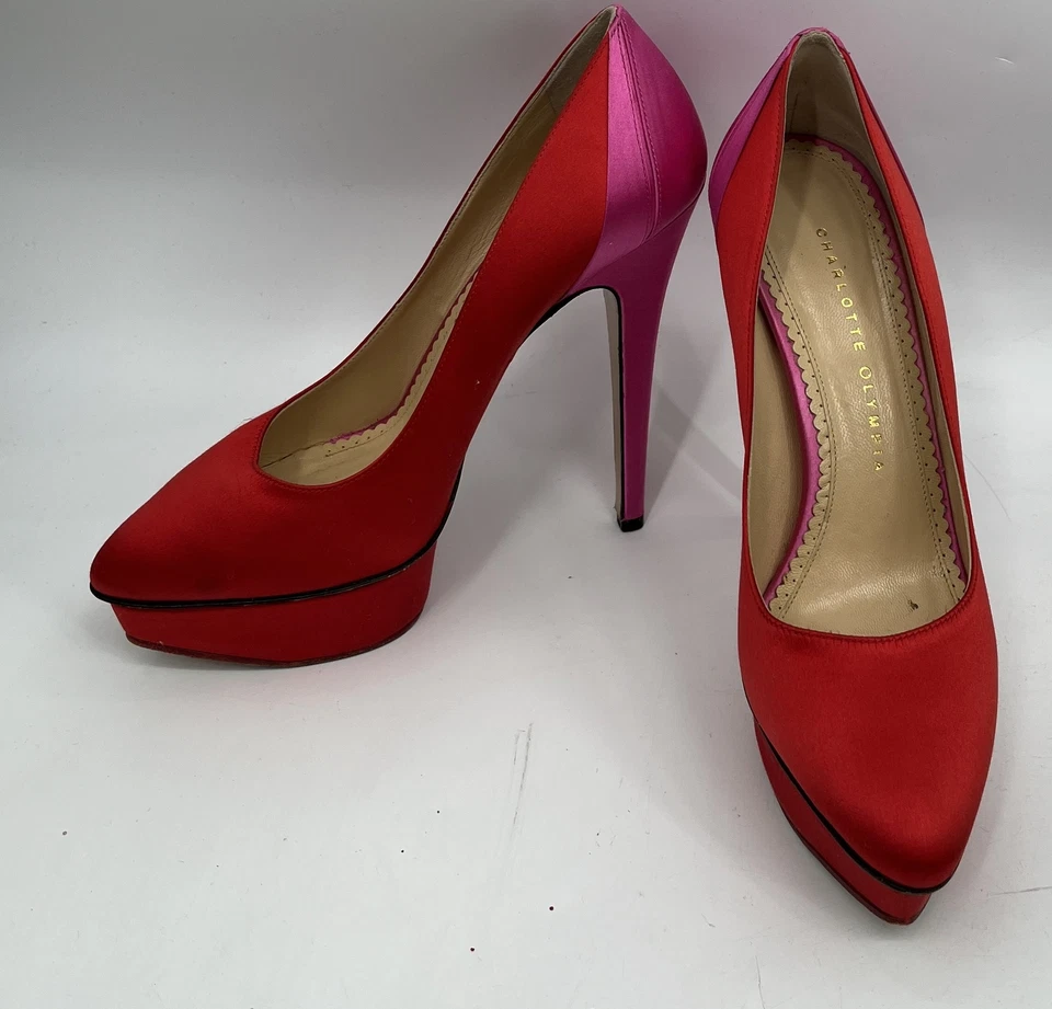 Zapatos de salón Charlotte Olympia Masako rojo/rosa satinado plataforma punta cerrada talla 38,5 Foto 2 de 4