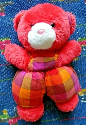 BB/ DOUDOU PELUCHE NOUNOURS OURS GRELOT ORANGE ROUGE ROSE CARREAUX 26 CM TTBE - Photo 1/2