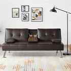 Luxury Faux Leather Futon Sleeper Sofa Recliner Couch With Cupholders Pillows Br