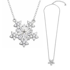 Sterling Silver Necklace w/ Round  Baguette Cut CZ Stones Snowflake Pendant