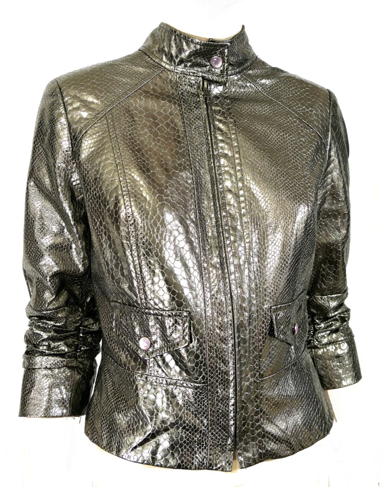 Peck and Peck Vtg 90s Silver Cropped Metallic Snake Moto Jacket Top 8 Y2K - Image 2 of 4