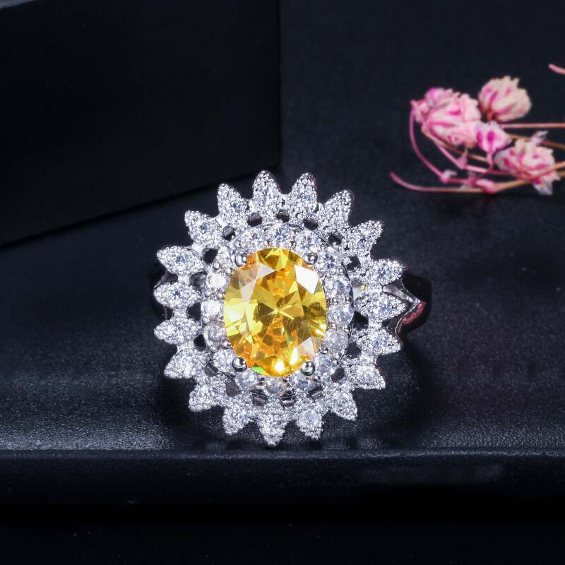 Silver Plated Yellow Oval Cubic Zirconia Sunflower Ring Women