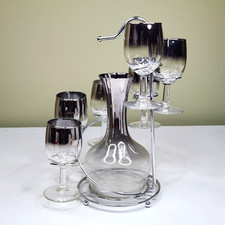 Vtg MCM Dorothy Thorpe? Wine Glass Carafe Set Silver Fade w Spiral Display Caddy