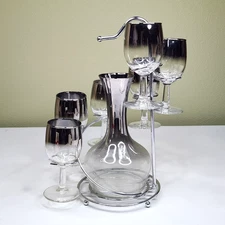 Vtg MCM Dorothy Thorpe? Wine Glass Carafe Set Silver Fade w Spiral Display Caddy