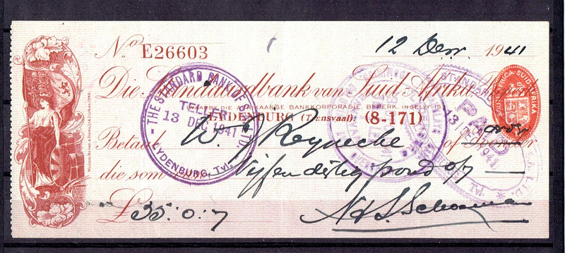 The Standard Bank of South Africa. Cheque dated 12 Dec 1941.