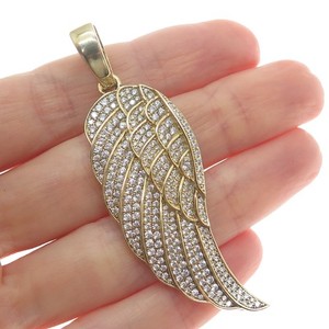 Authentic 925 Sterling Silver Gold Plated Round-Cut Shaped C Z Angel Wing Pendant